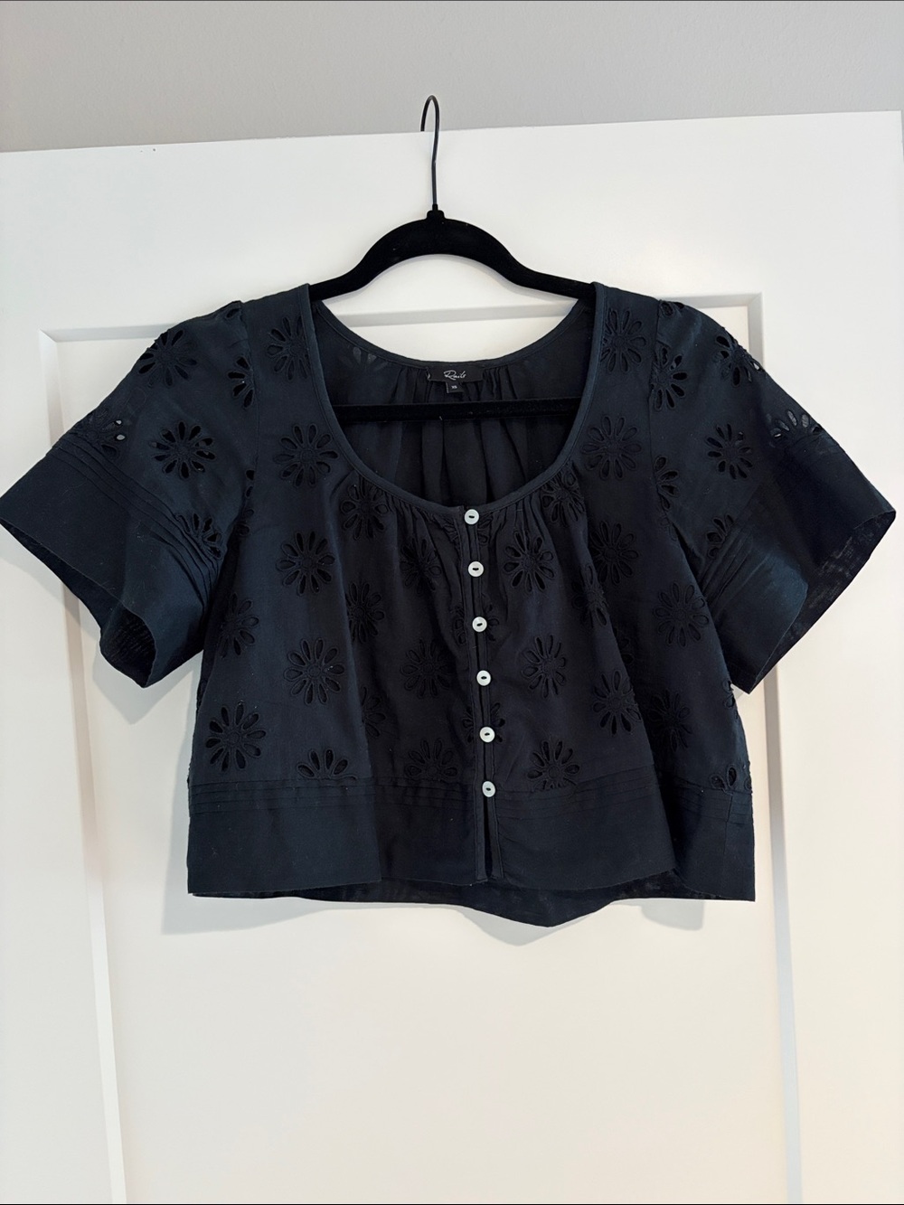 Rails Black Eyelet Crop Button-Front Top